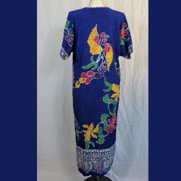 Vintage Batik Keris Blue Wax Processed Caftan Hawaiian Island Dress L/XL 14/16 - Picture 2 of 4